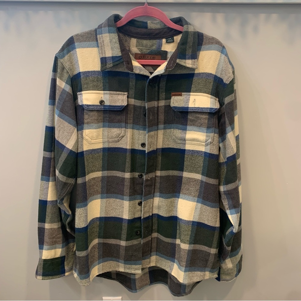 Orvis Jacket Shacket Lg Heavy Green Beige Plaid Flannel With Side Pockets